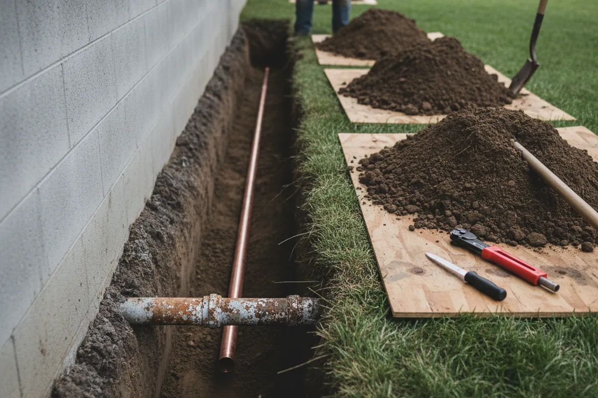 Excavated water line trench during Sewer Line Repair in Tow